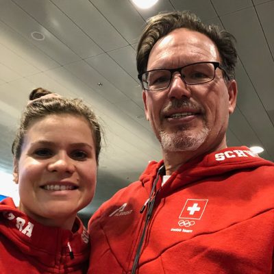 When two worlds collide: Phoebe Staenz, pictured with Swiss National Women's Team Coach, Colin Mueller - longtime friend of Prep Camp Director, Nate Leslie.